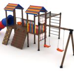 Comlex de joaca din lemn cu Leagane, tobogan si cataratoare Cod: MP69A