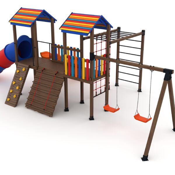 Comlex de joaca din lemn cu Leagane, tobogan si cataratoare Cod: MP69A